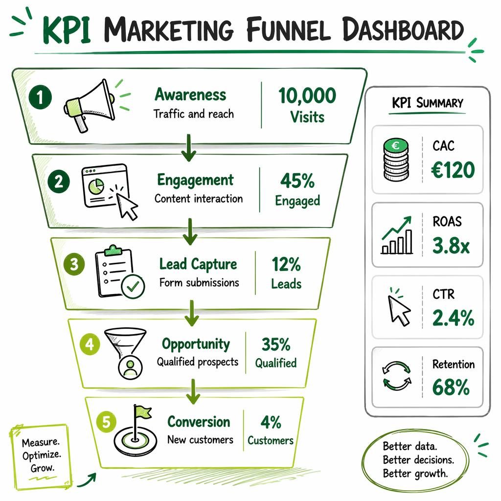 Whiteboard-style funnel infographic with 5 stages, arrows, green metrics, and a side KPI panel for CAC, ROAS, CTR, and Retention.