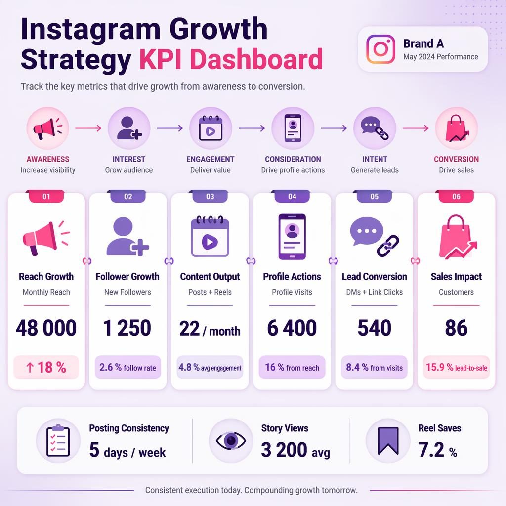 Purple Instagram growth KPI dashboard infographic with 6 metric cards, arrows, icons, and benchmark strip on lavender background.