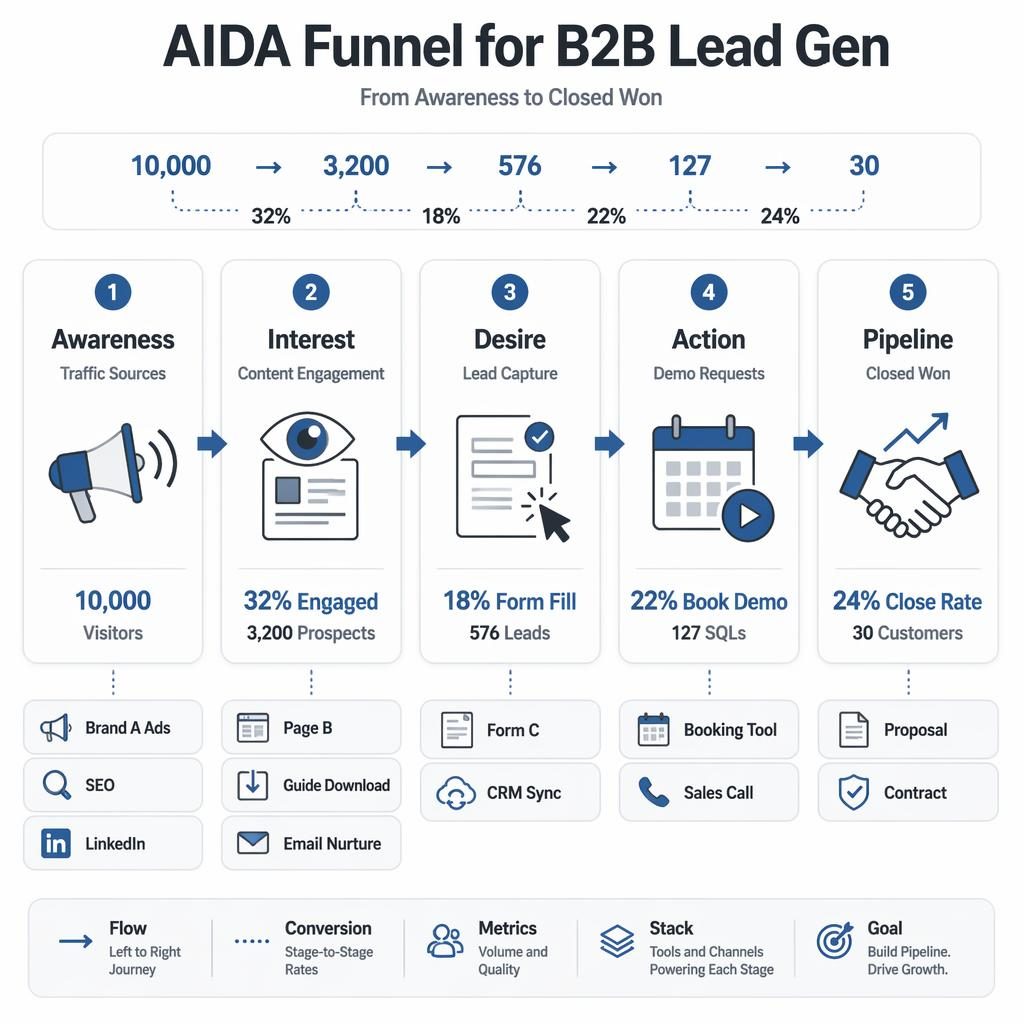 Horizontal B2B AIDA funnel infographic with 5 soft UI cards, arrows, metrics, icons, and stack labels in monochrome.