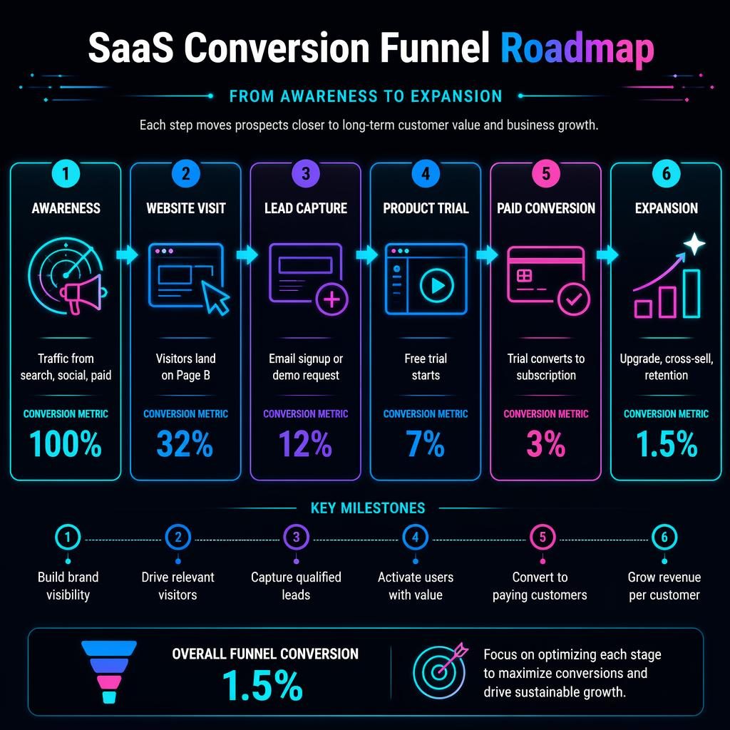 Tmavá horizontální SaaS roadmap infografika se 6 fázemi trychtýře, neonovými ikonami, šipkami a metrikami 100 %, 32 %, 12 %, 7 %, 3 % a 1,5 %.