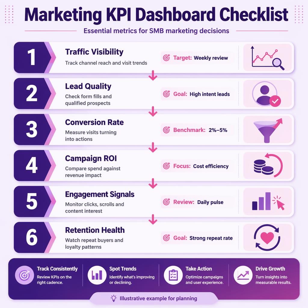 Vertical marketing KPI checklist infographic with 6 purple-pink blocks, icons, flow arrows, subtitle and footer note.