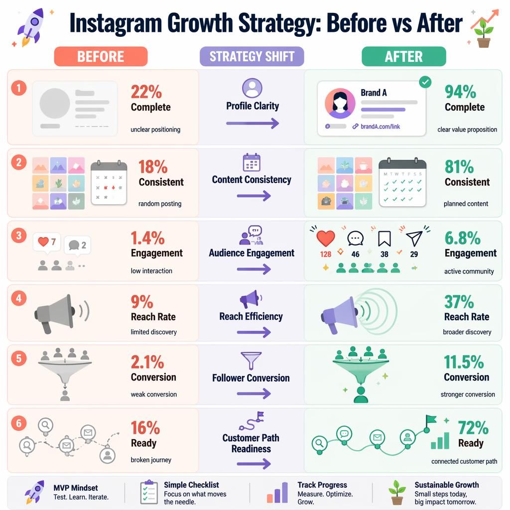 Split infographic showing Before and After Instagram growth metrics with 6 comparison blocks and a center Strategy Shift band.