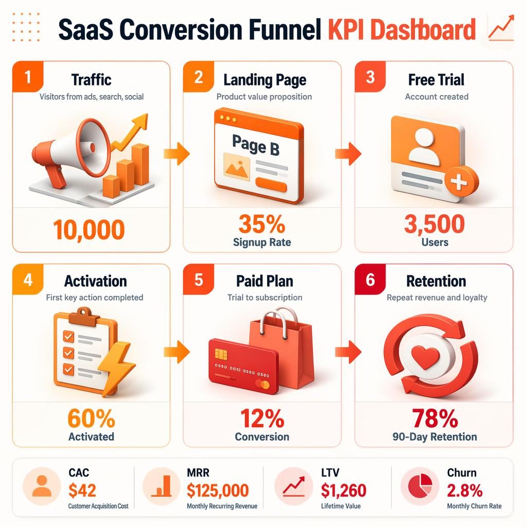 Wide SaaS conversion funnel KPI dashboard infographic with 6 isometric cards, flow arrows, and bottom KPI chips.