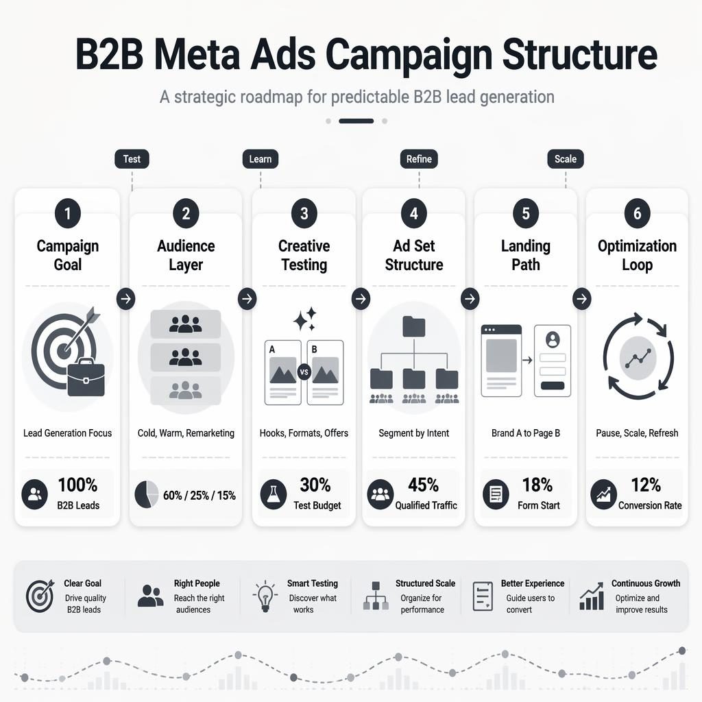 Horizontal social trends infographic showing 6 soft-UI roadmap blocks for a B2B Meta ads campaign with labels, metrics, icons, and arrows.