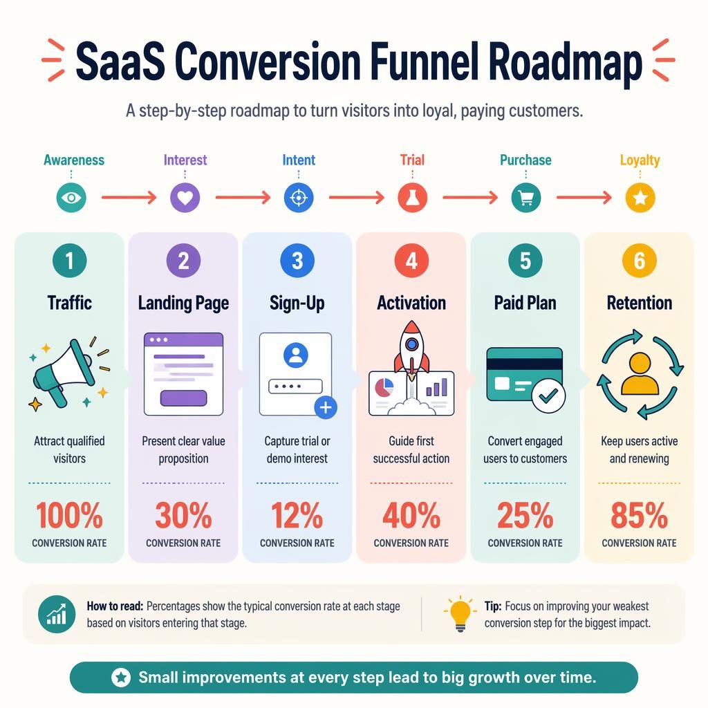 Pastel SaaS conversion funnel roadmap infographic with 6 stages, arrows, icons, captions, and conversion percentages.