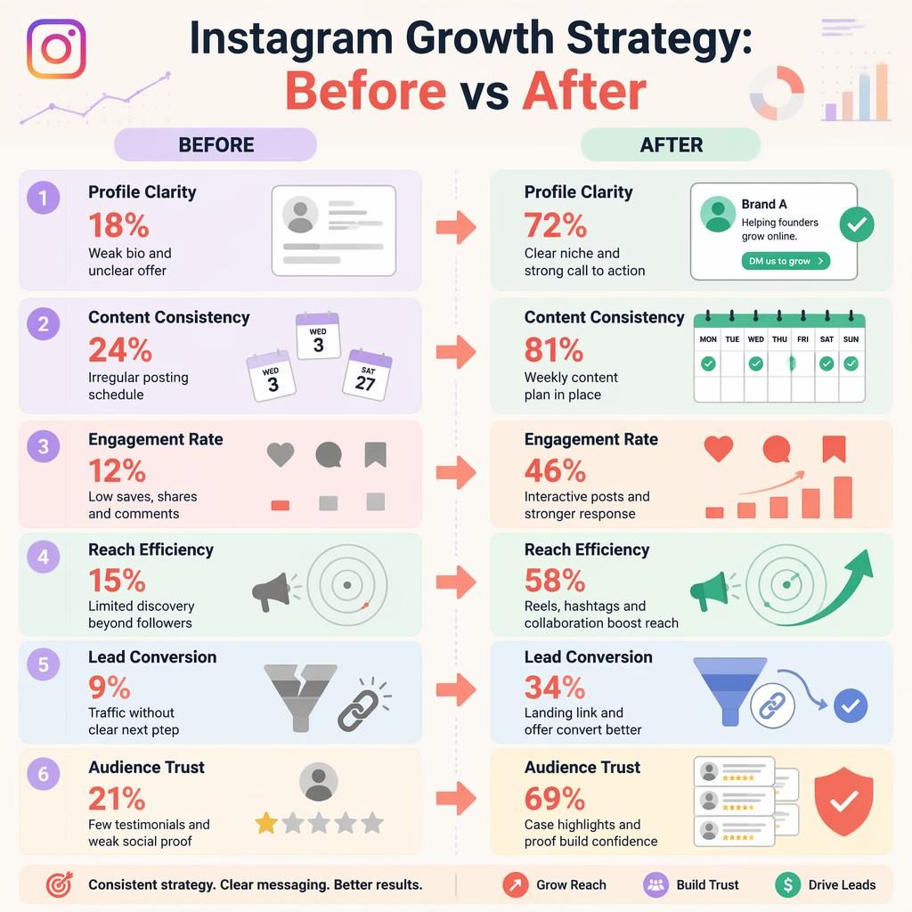 Side-by-side Instagram growth infographic with 6 before and after blocks, percentages, arrows, pastel icons, and dashboard motifs.