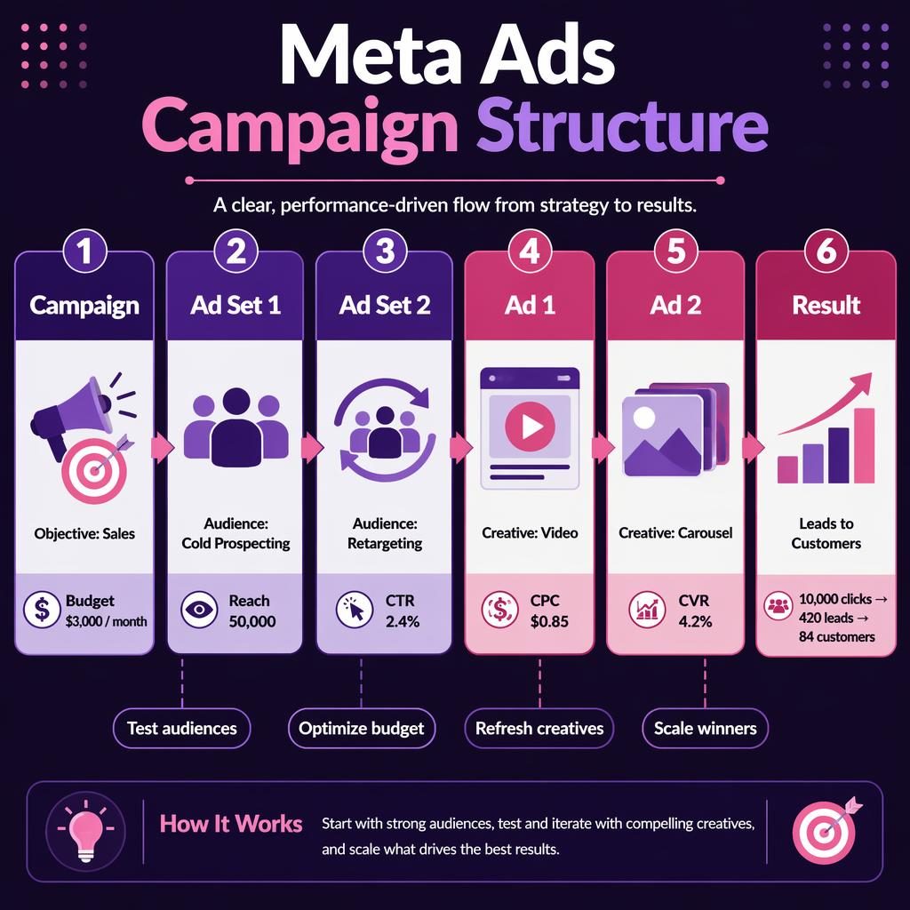 Horizontal Meta Ads process flow infographic with 6 labeled blocks, arrows, purple-pink gradients, icons, and metrics.