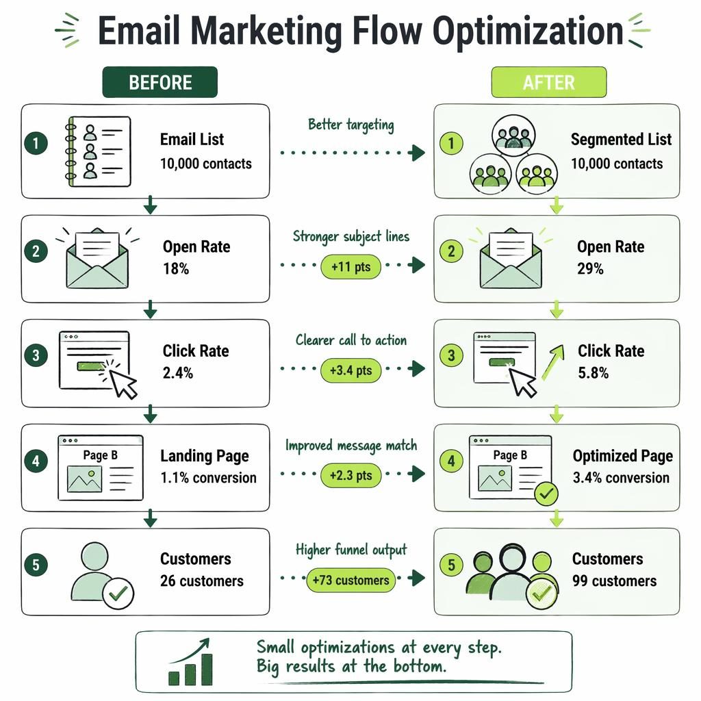 Two-column email marketing flow infographic showing before vs after metrics, icons, uplift markers, and green arrows.