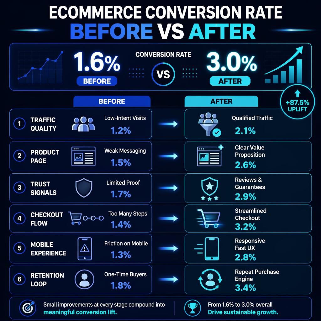 Blue enterprise infographic with before vs after ecommerce conversion columns, 6 comparison rows, and 1.6% vs 3.0% summary.
