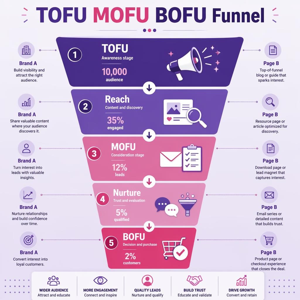 Vertical TOFU MOFU BOFU funnel infographic with 5 stages, arrows, metrics, icons, and purple editorial design.