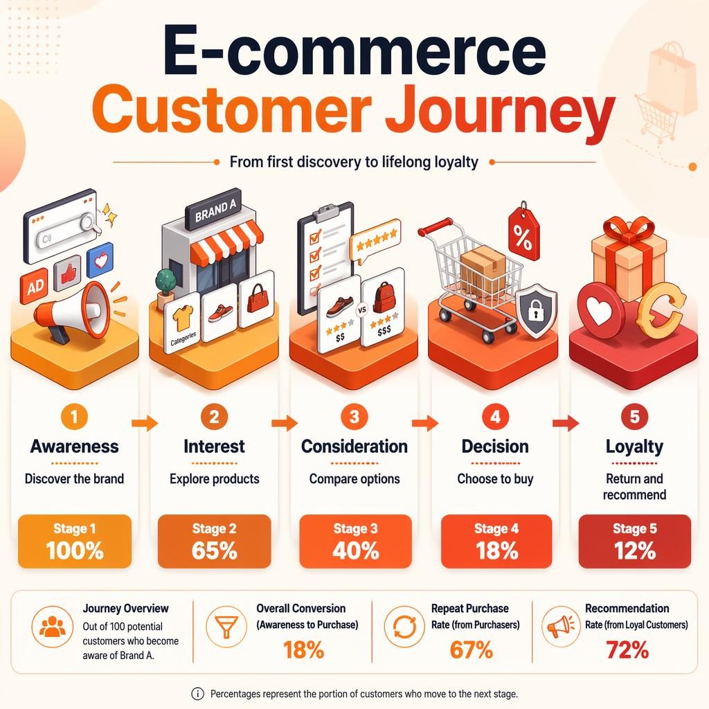 Isometric 3D e-commerce customer journey infographic with 5 stages, arrows, icons, and example conversion percentages.