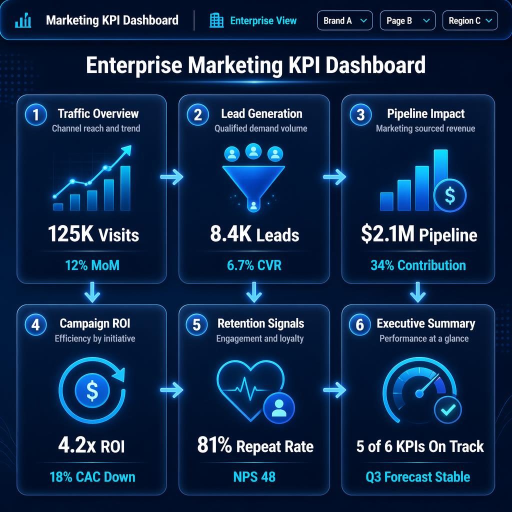 Enterprise marketing KPI dashboard infographic with 6 glowing blue insight panels, metrics, arrows, and executive summary.