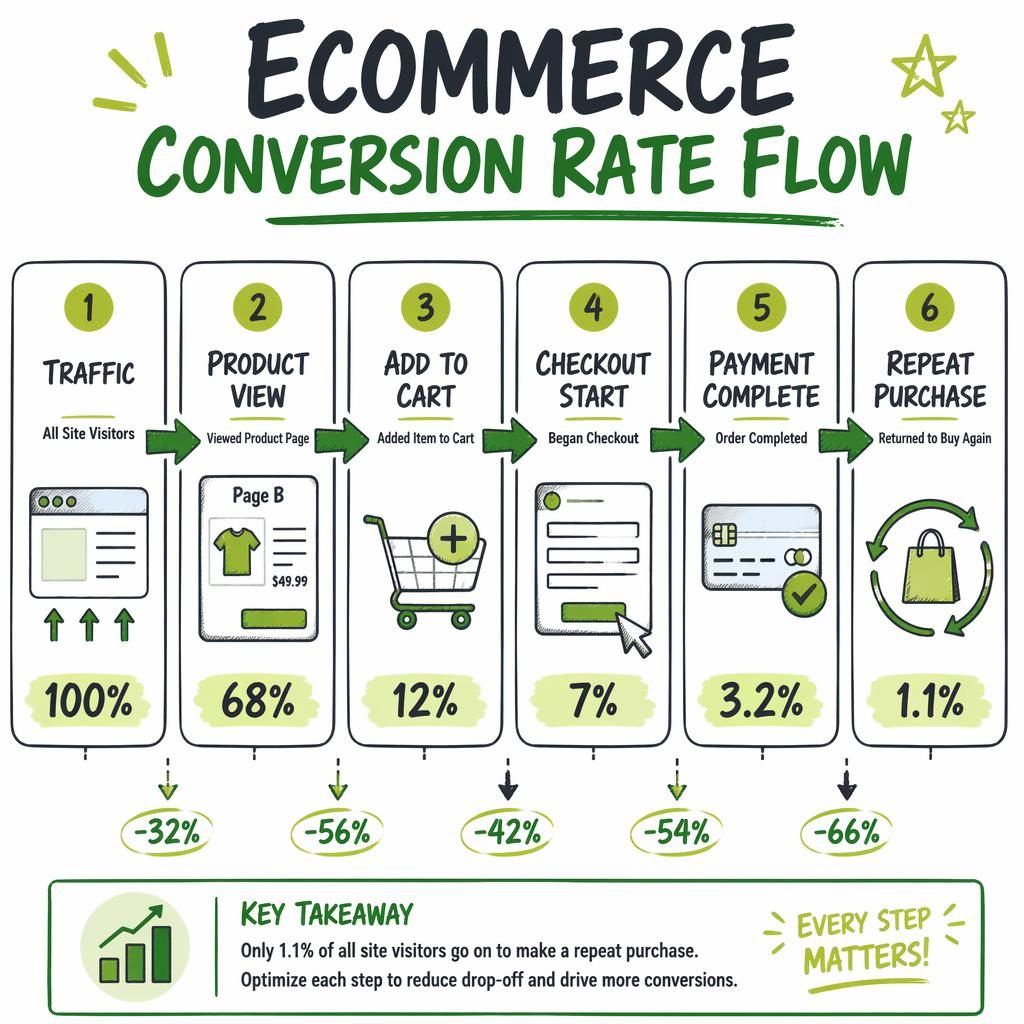 Whiteboard-style user funnel infographic with 6 ecommerce stages, green arrows, metrics, and drop-off percentages.