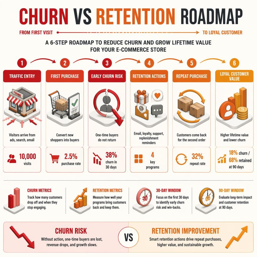 Isometric e-commerce roadmap infographic with 6 stages, churn and retention metrics, arrows, icons, and orange-red gradients.