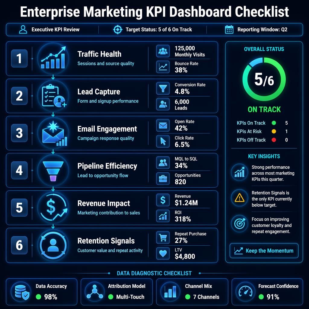 Vertical enterprise infographic with 6 KPI checklist blocks, flow arrows, summary panel, and bottom diagnostic row in blue glow.