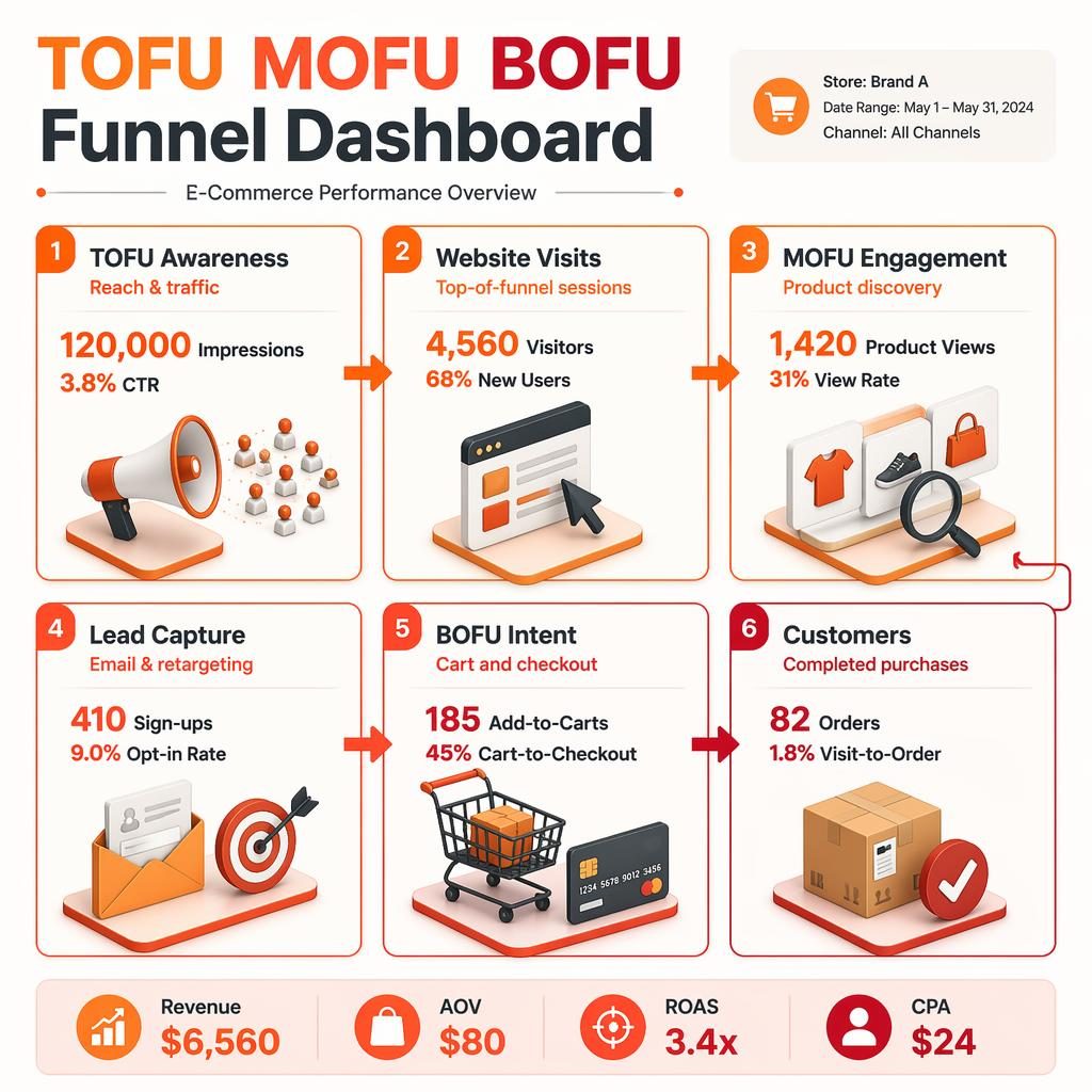 Isometric e-commerce KPI dashboard with 6 funnel blocks from TOFU to BOFU, arrows, metrics, and revenue summary strip.