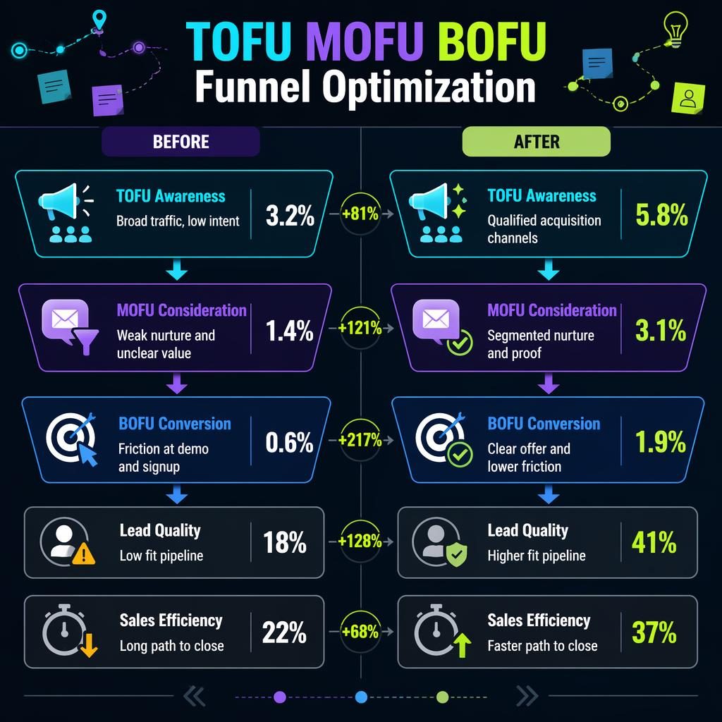 Dark mode before-after funnel infographic with TOFU MOFU BOFU stages, KPI blocks, arrows, and neon SaaS styling.
