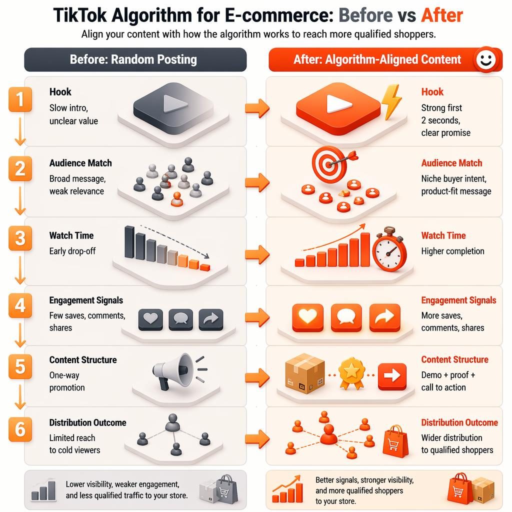 Split-screen isometric 3D infographic comparing TikTok e-commerce content before vs after across 6 rows with arrows.