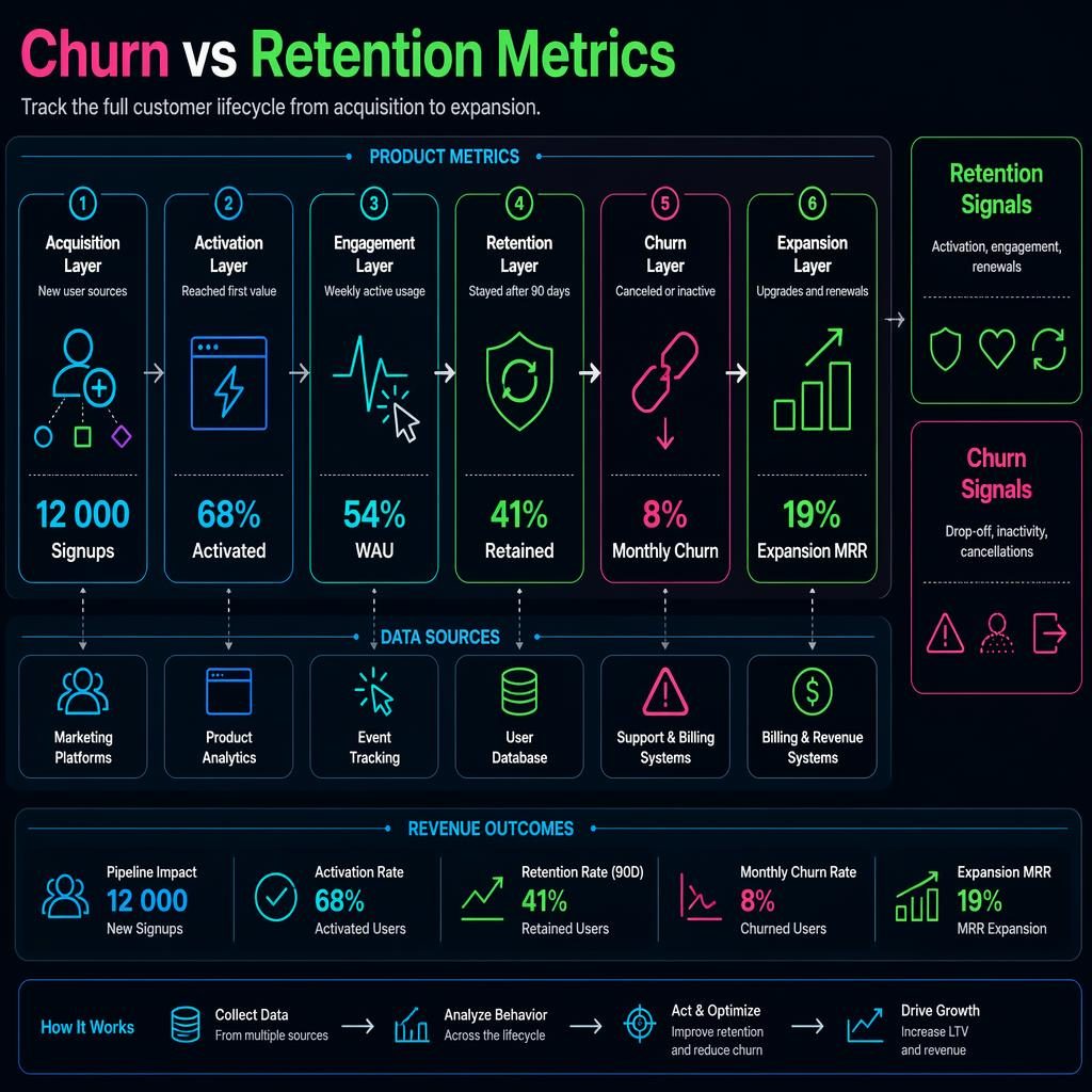 Dark-mode SaaS KPI infographic with 6 connected layers, churn vs retention metrics, and a side comparison panel.