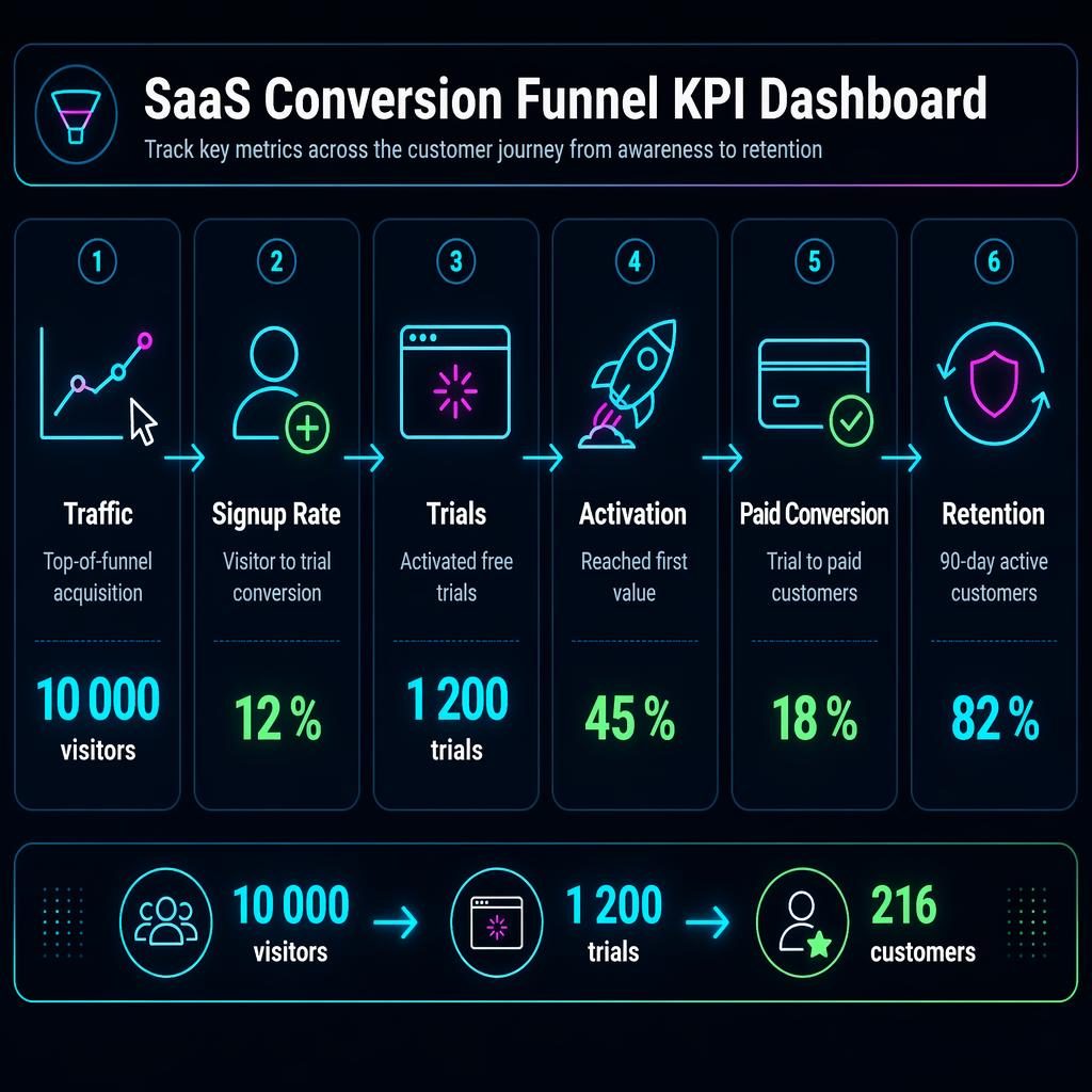 Dark mode SaaS KPI dashboard infographic with 6 funnel cards, neon icons, flow arrows, and summary ribbon metrics.