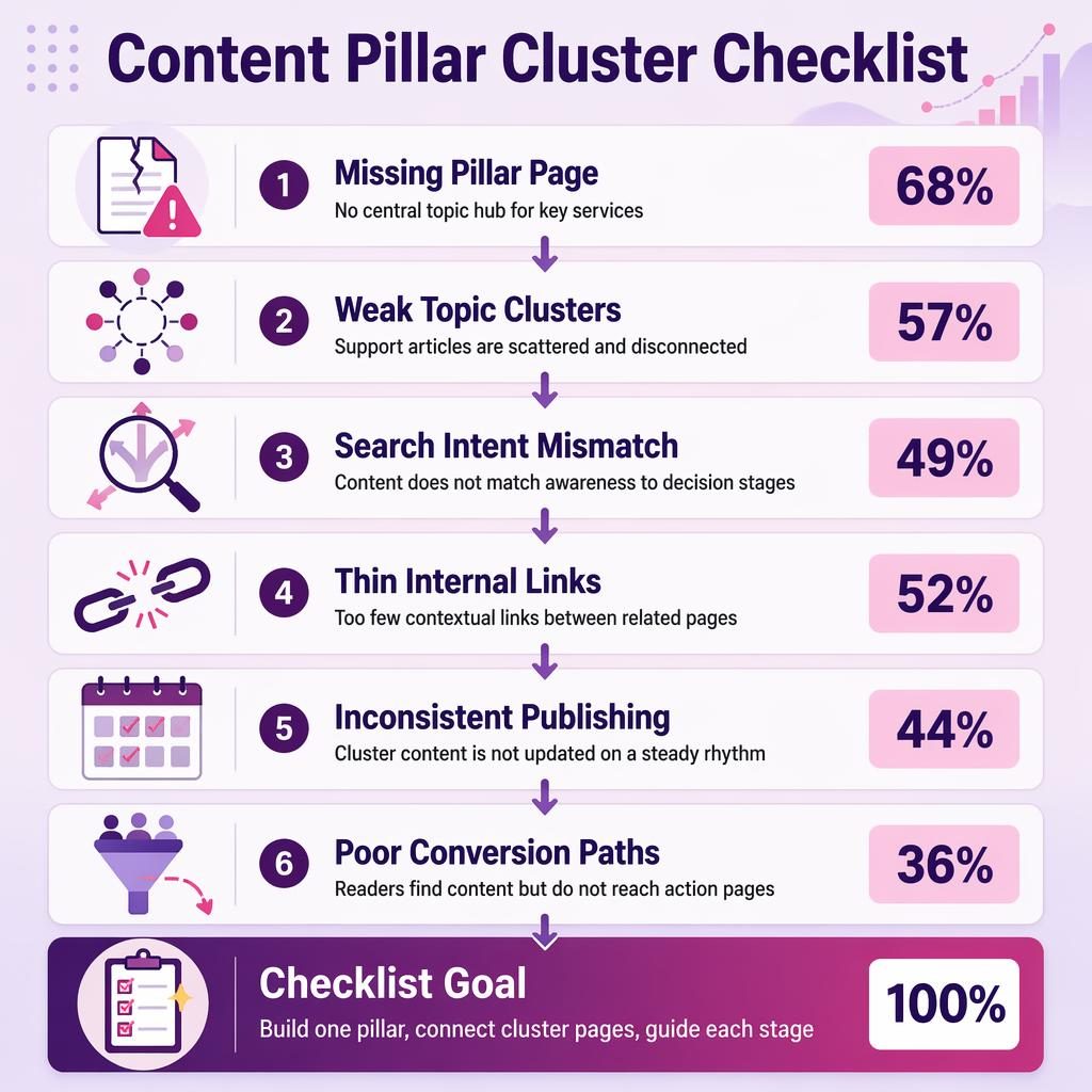 Vertical purple checklist infographic with 6 connected blocks, icons, captions, percentage badges, and a 100% goal panel.