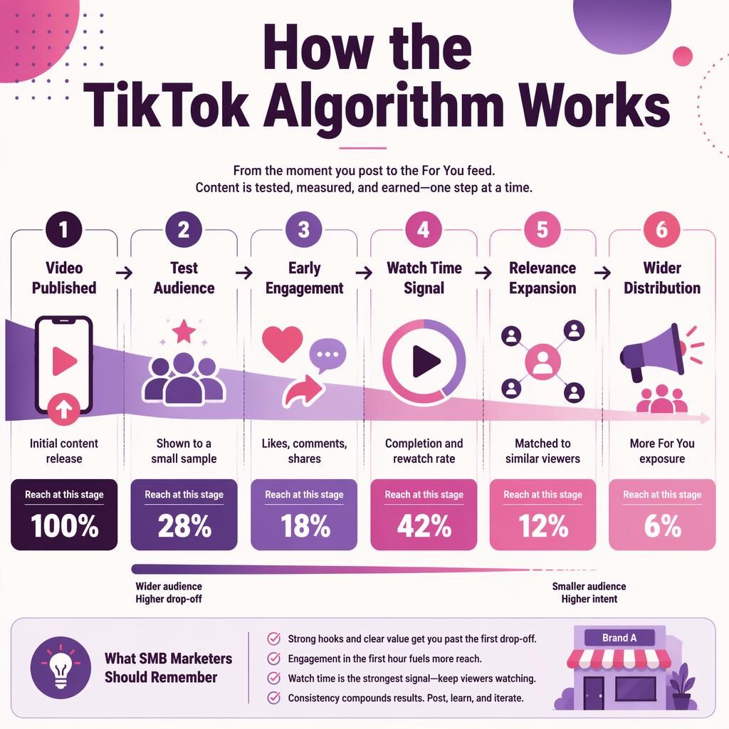 Horizontal infographic showing 6 TikTok algorithm stages with arrows, percentages, icons, and funnel drop-off cues in purple pink.