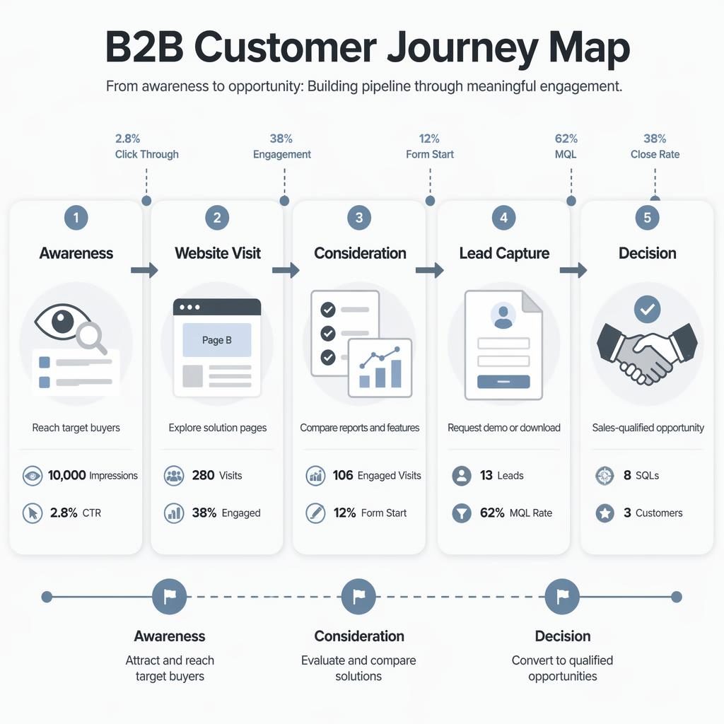 Horizontal B2B customer journey infographic with 5 soft-UI stages, metrics, arrows, and pardot reports and dashboards styling.