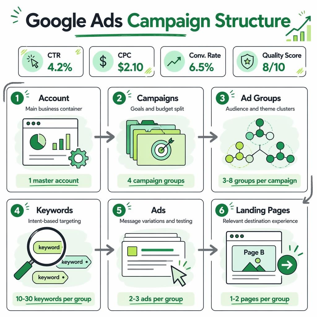 Green and lime dashboard infographic showing Google Ads campaign structure with 6 connected blocks, KPI chips, and flow arrows.