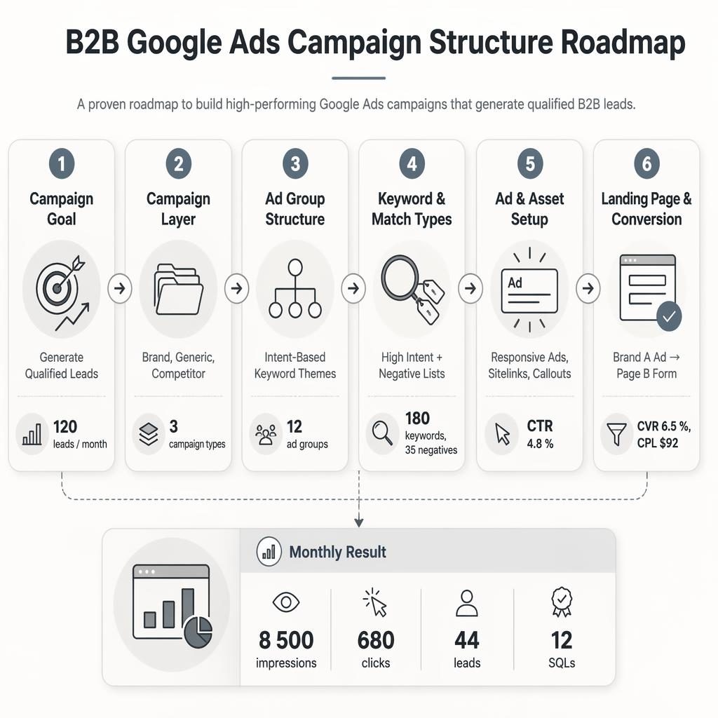Horizontal B2B Google Ads roadmap infographic with 6 soft UI blocks, arrows, metrics, icons, and a monthly result panel.