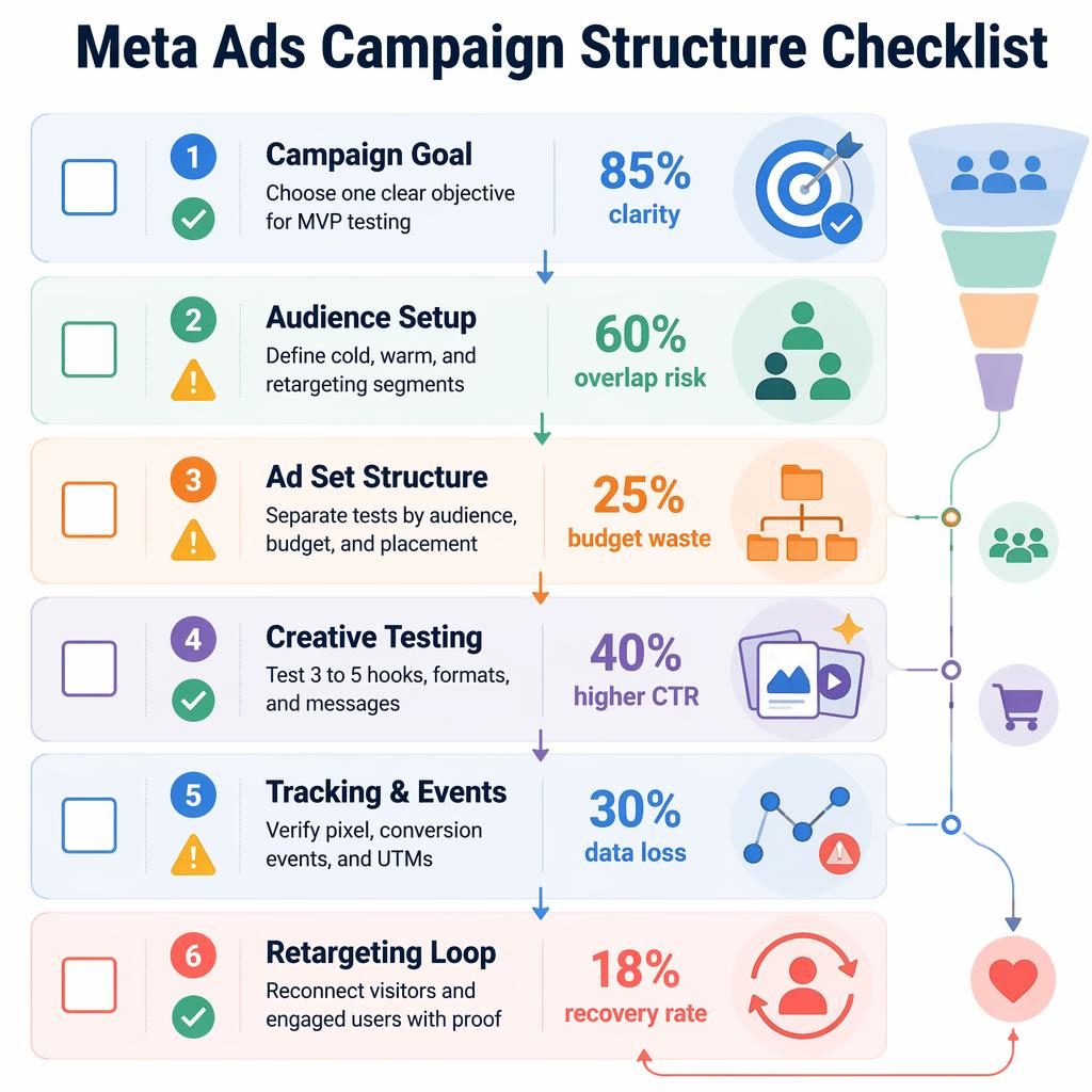 Vertical Meta Ads checklist infographic with 6 connected blocks, checkbox column, flow arrows, flat icons, and percentage metrics.