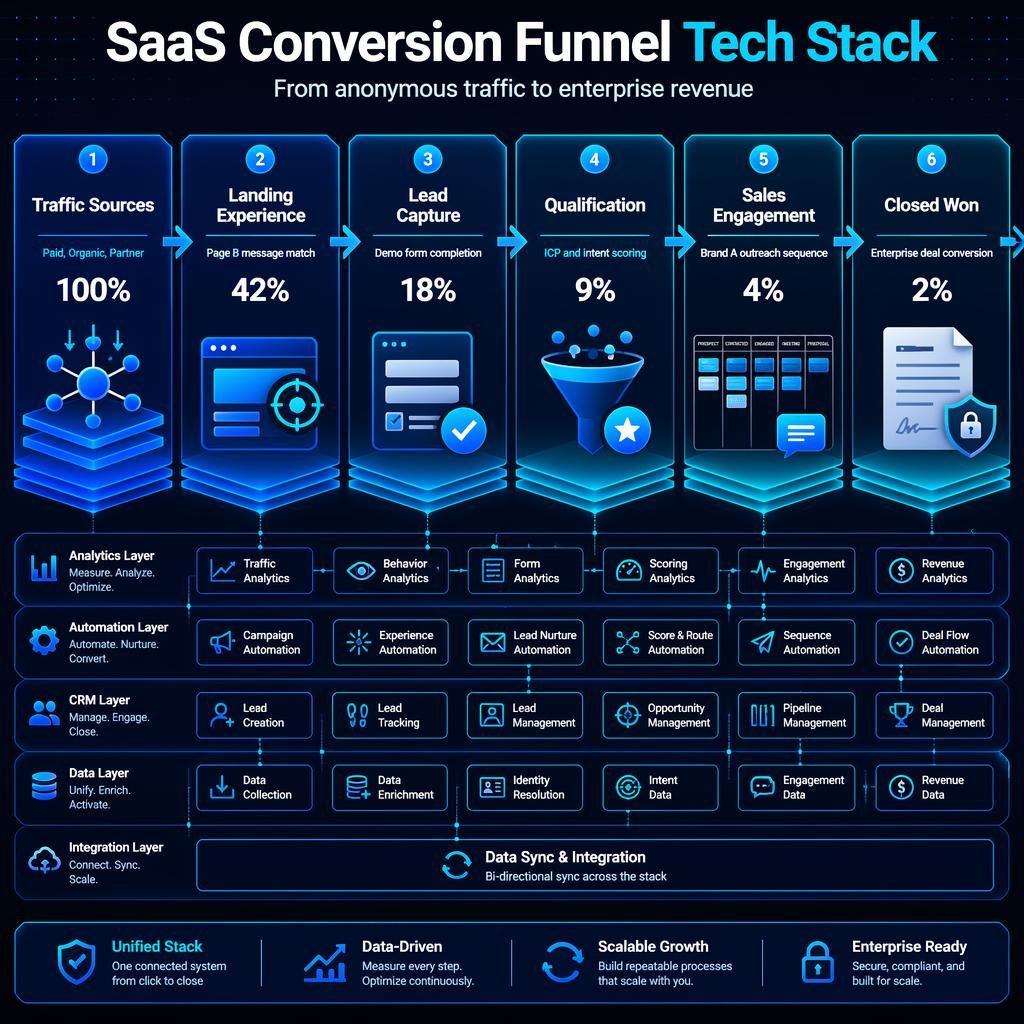 Horizontal SaaS conversion funnel tech stack infographic with 6 labeled stages, arrows, percentages, blue cyan glow