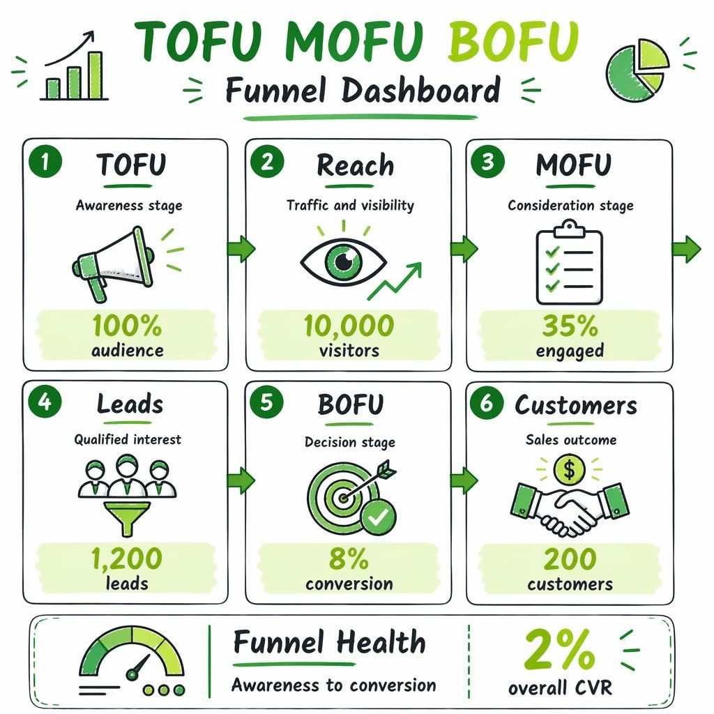 Whiteboard-style funnel dashboard infographic with TOFU, Reach, MOFU, Leads, BOFU, Customers, arrows, and Funnel Health.