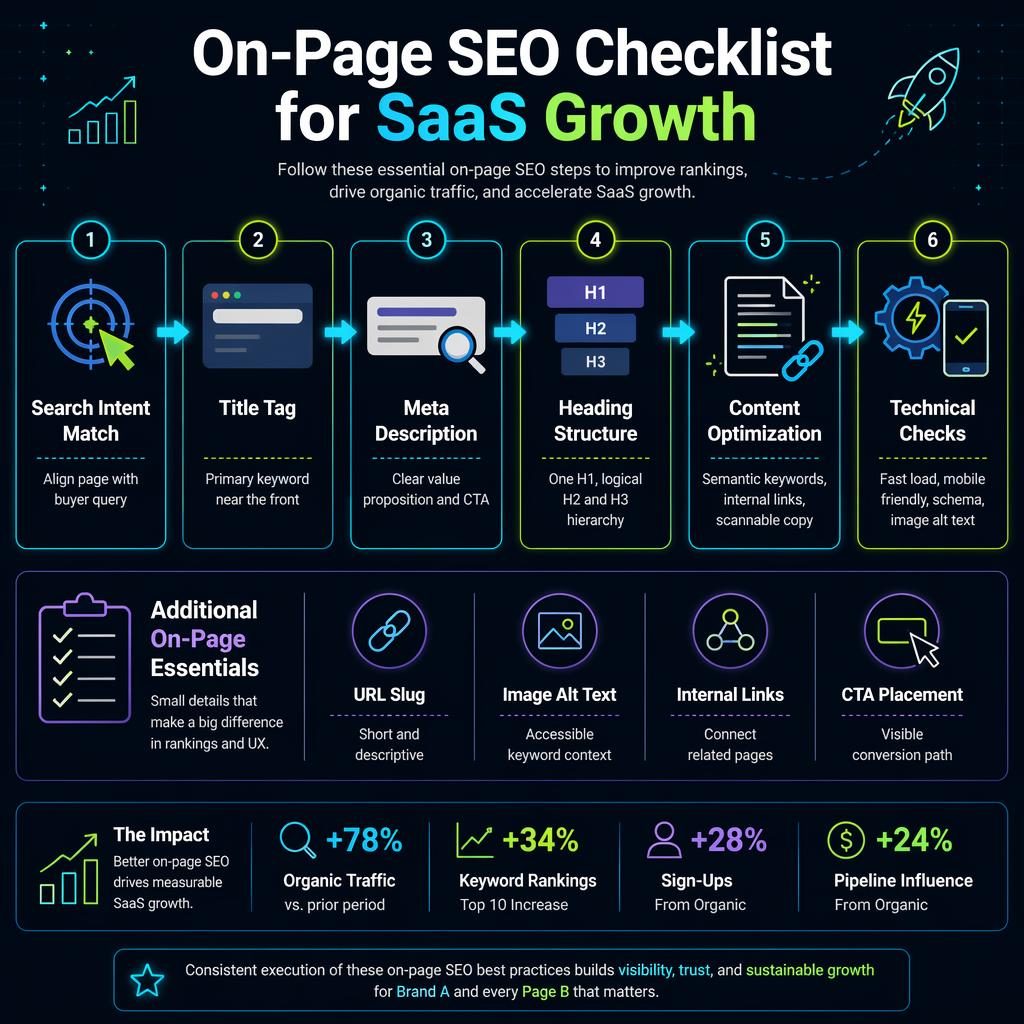 Dark-mode SaaS infographic with 6 connected SEO checklist blocks, side badges, neon arrows, and tech-style icons.