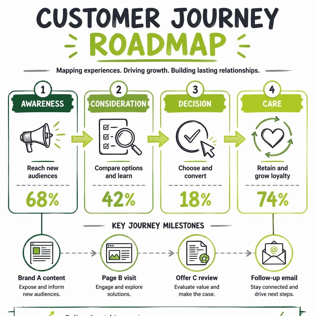 Horizontal see think do care customer journey roadmap infographic with 4 sketch-style stages, arrows, icons, and percentages.