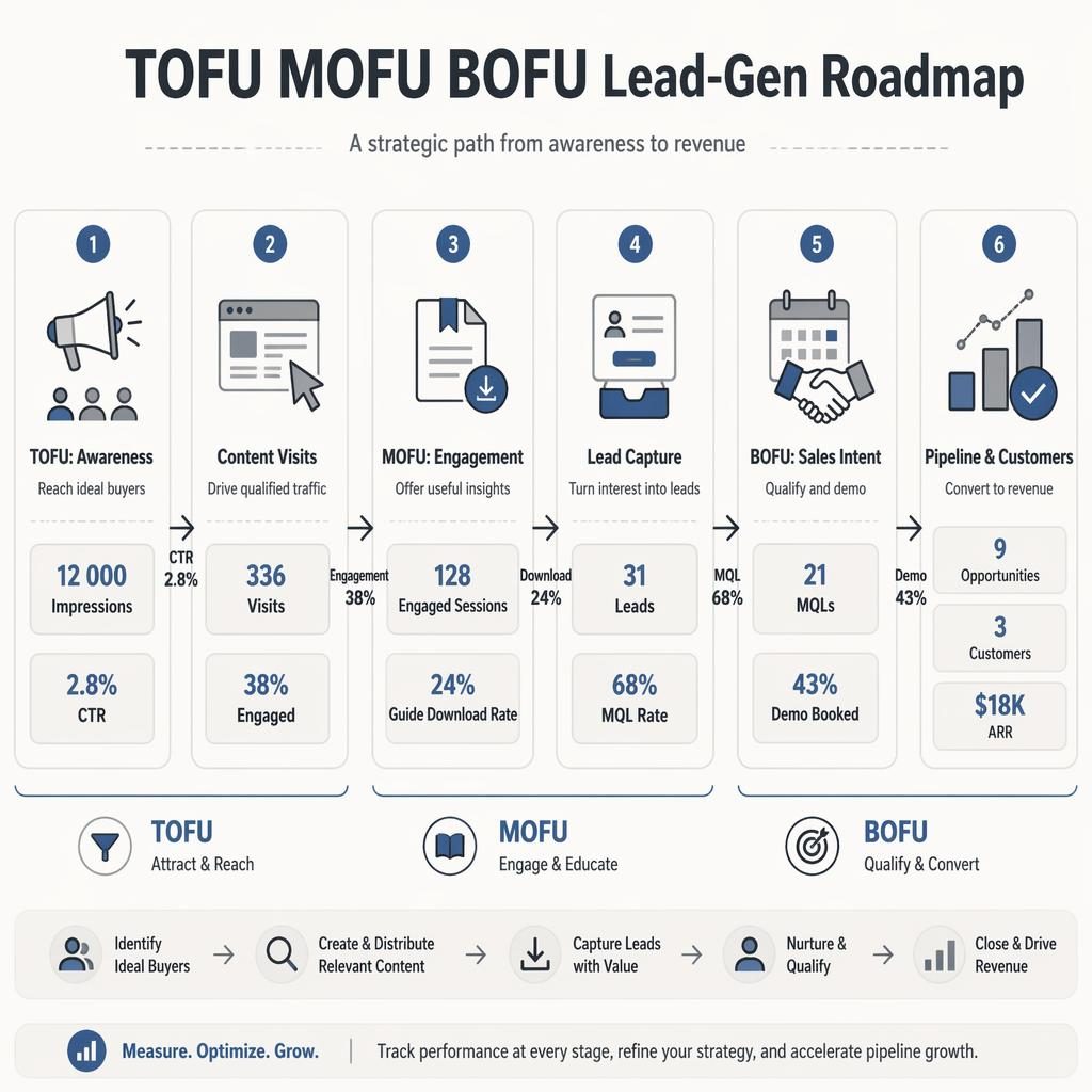 Horizontal B2B lead-gen roadmap infographic with 6 soft-UI cards, TOFU MOFU BOFU phases, metrics, arrows, and slate blue accents.