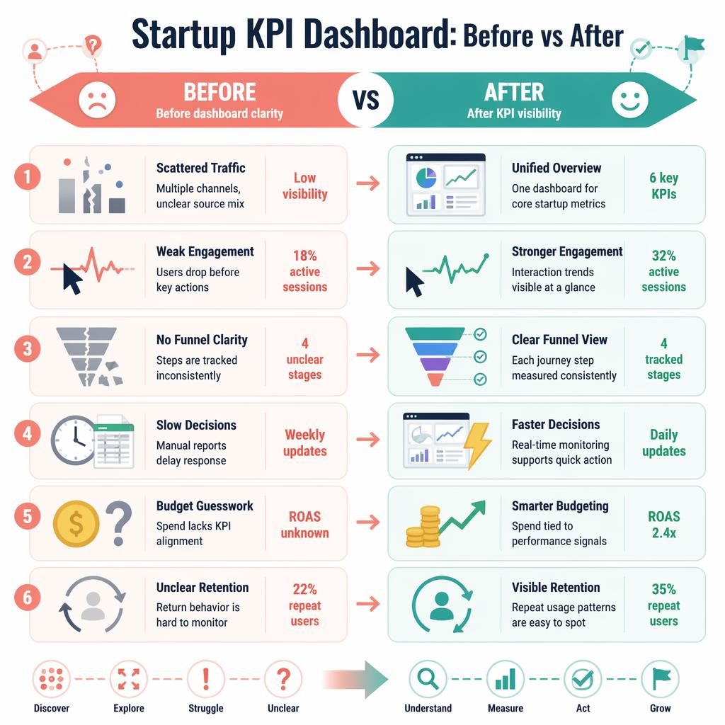 Split-screen startup KPI infographic with 6 before-vs-after blocks, arrows, pastel icons, and user experience map cues.