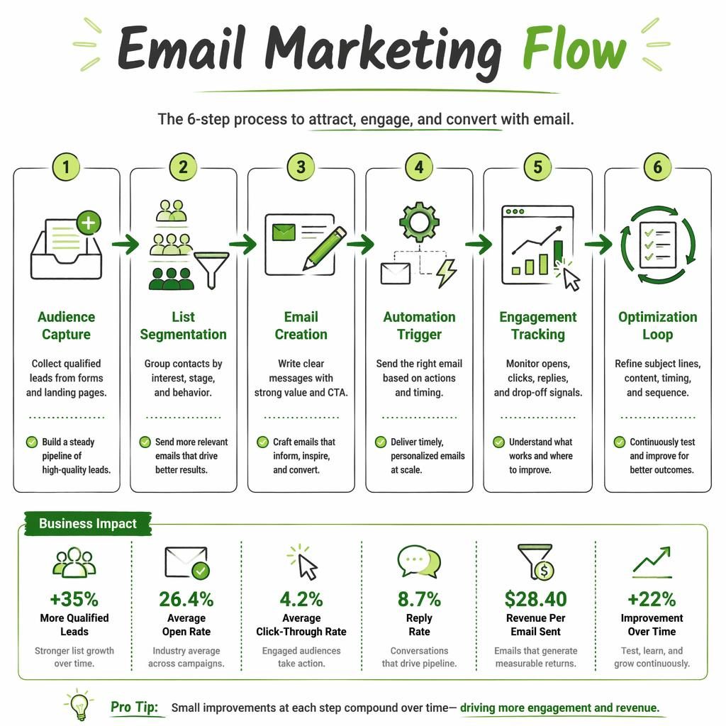 Whiteboard-style email marketing flow infographic with 6 green process stages, icons, captions, and arrows on white.