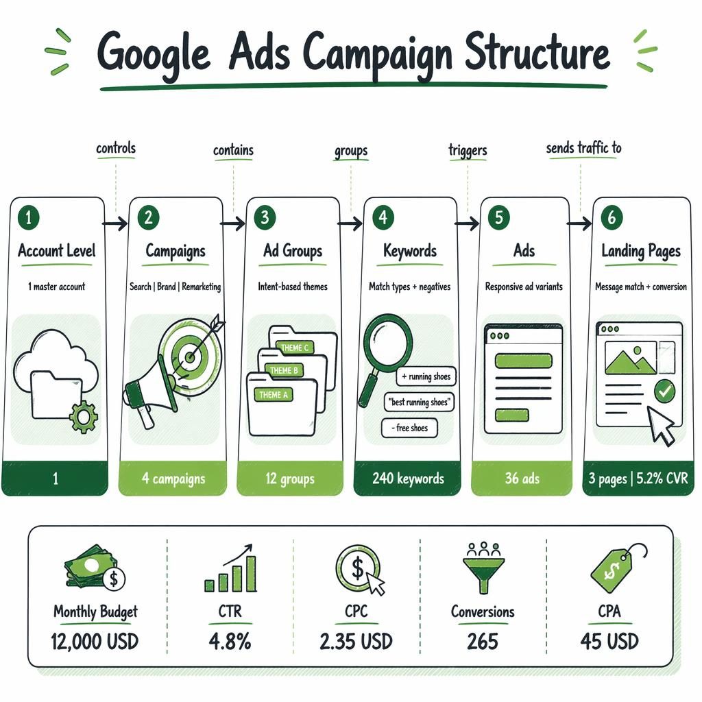 Whiteboard-style horizontal Google Ads campaign structure flow with 6 green blocks, arrows, icons, and KPI ribbon.