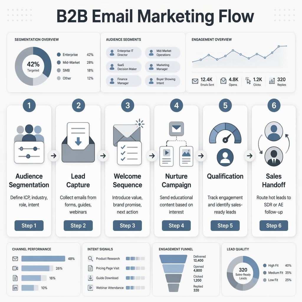 Horizontal B2B email marketing roadmap infographic with 6 soft-UI stages, arrows, icons, and subtle segmentation dashboard panels.