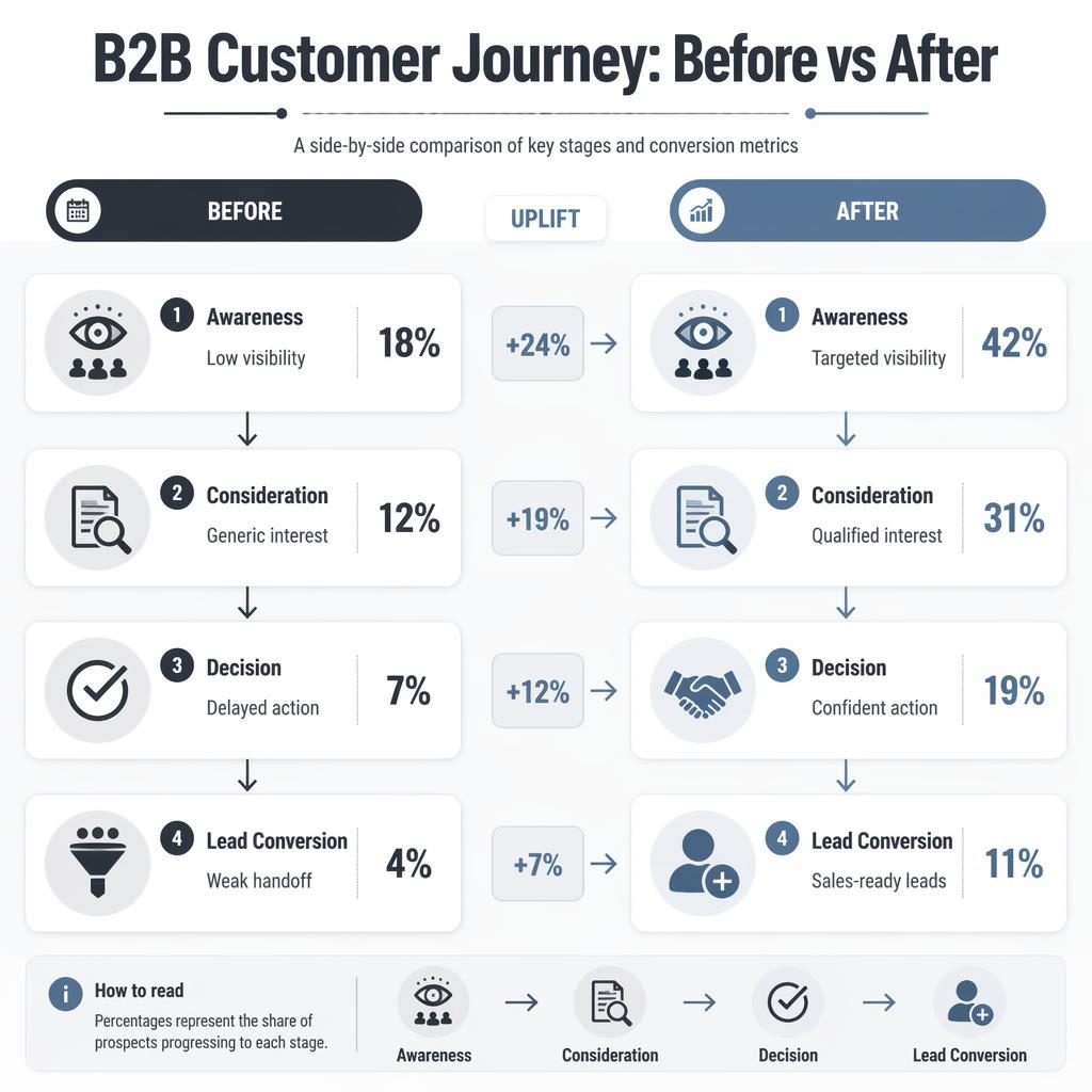 Side-by-side B2B client experience journey infographic with Before and After columns across four stages and uplift arrows.