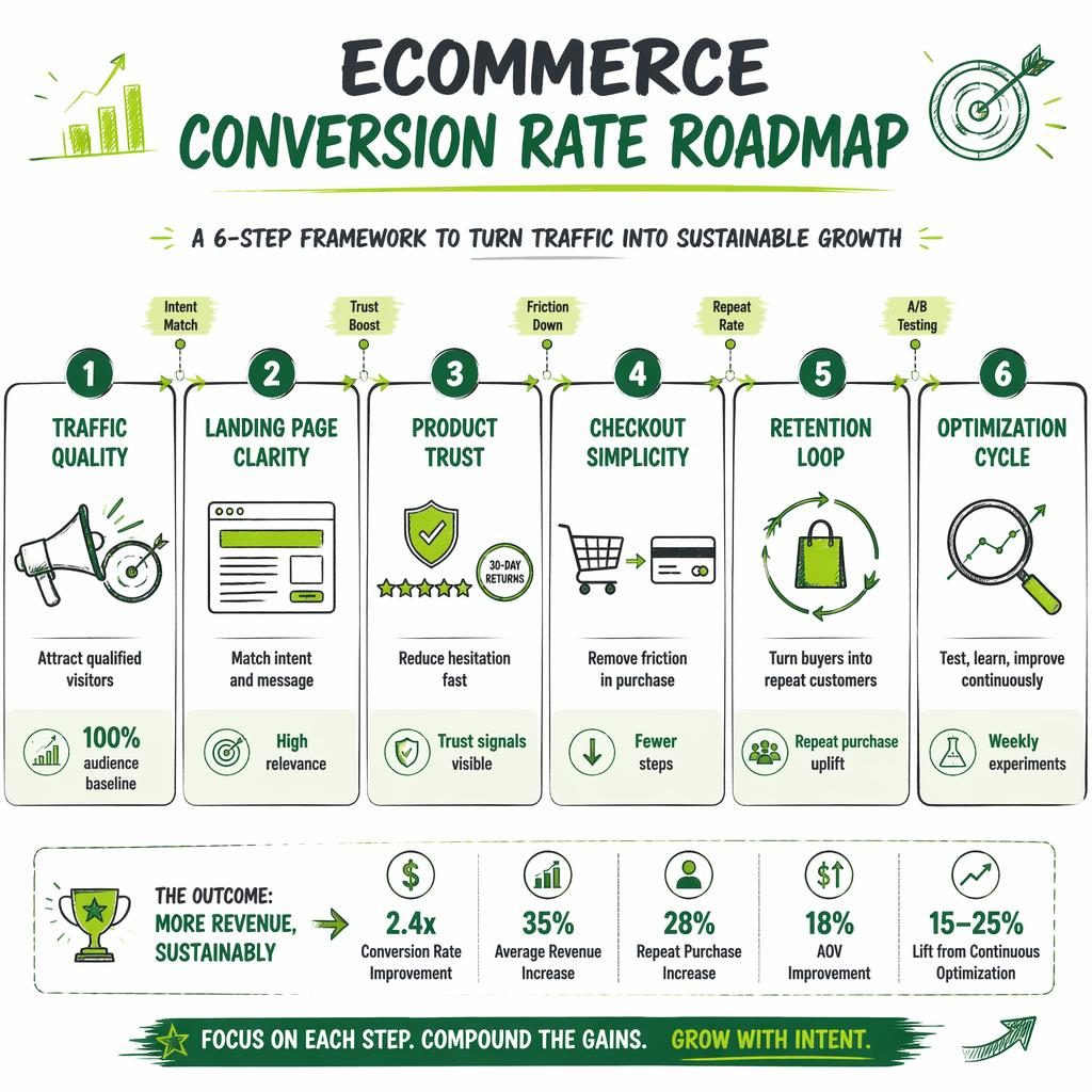 Whiteboard-style ecommerce roadmap infographic with 6 green blocks, arrows, milestones, icons, and conversion labels.