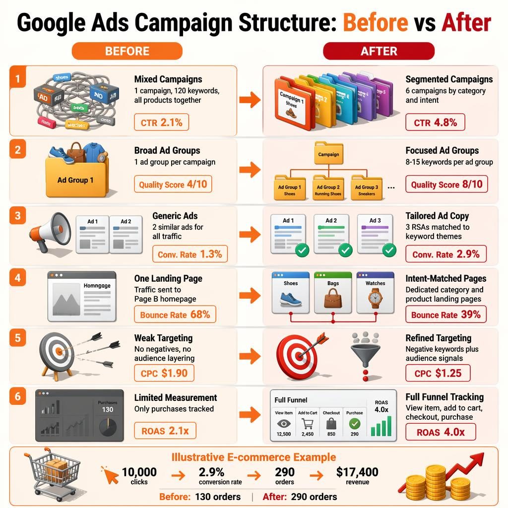 Before-after infographic for an e-commerce Google Ads campaign structure with 6 comparison blocks, arrows, and results bar.