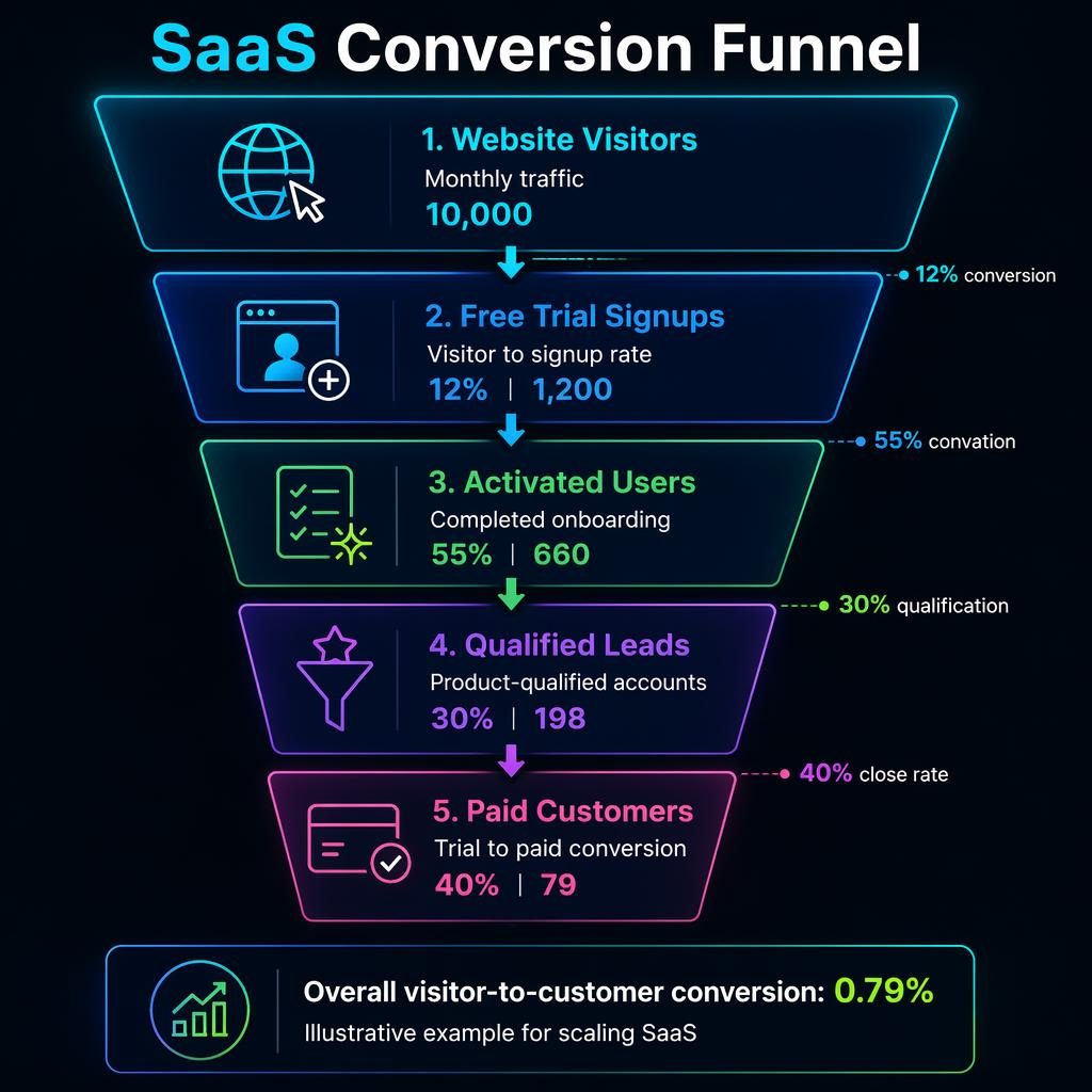 Dark mode vertical SaaS conversion funnel infographic with 5 stages, arrows, icons, metrics, and neon cyan lime accents.