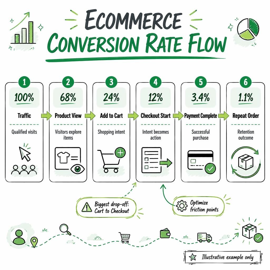 Horizontální infografika cesta zakaznika se 6 bloky od Traffic po Repeat Order, zelené šipky, skicové ikony a poznámky.
