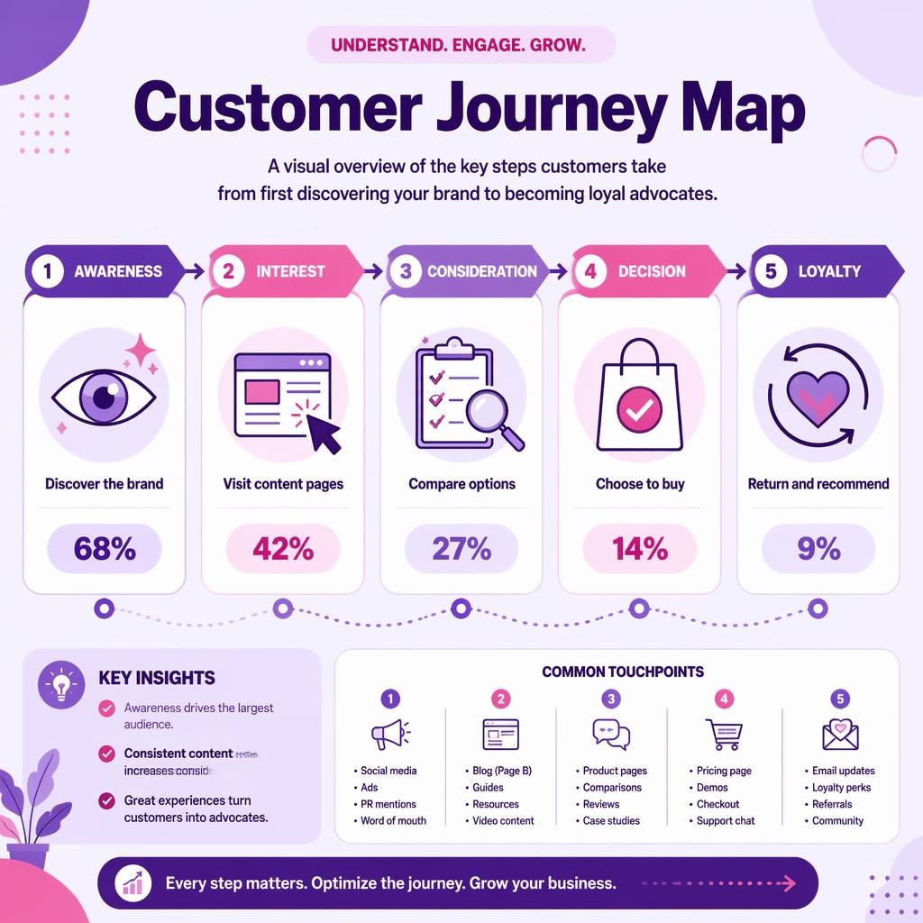 Horizontal customer journey map infographic with 5 purple and pink stages, icons, arrows, and percentage badges.