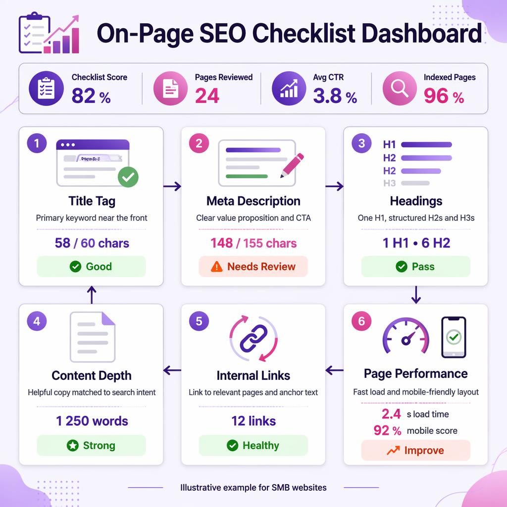 Editorial KPI dashboard infographic showing six on-page SEO checklist cards with metrics, status labels, icons, and top summary KPIs.