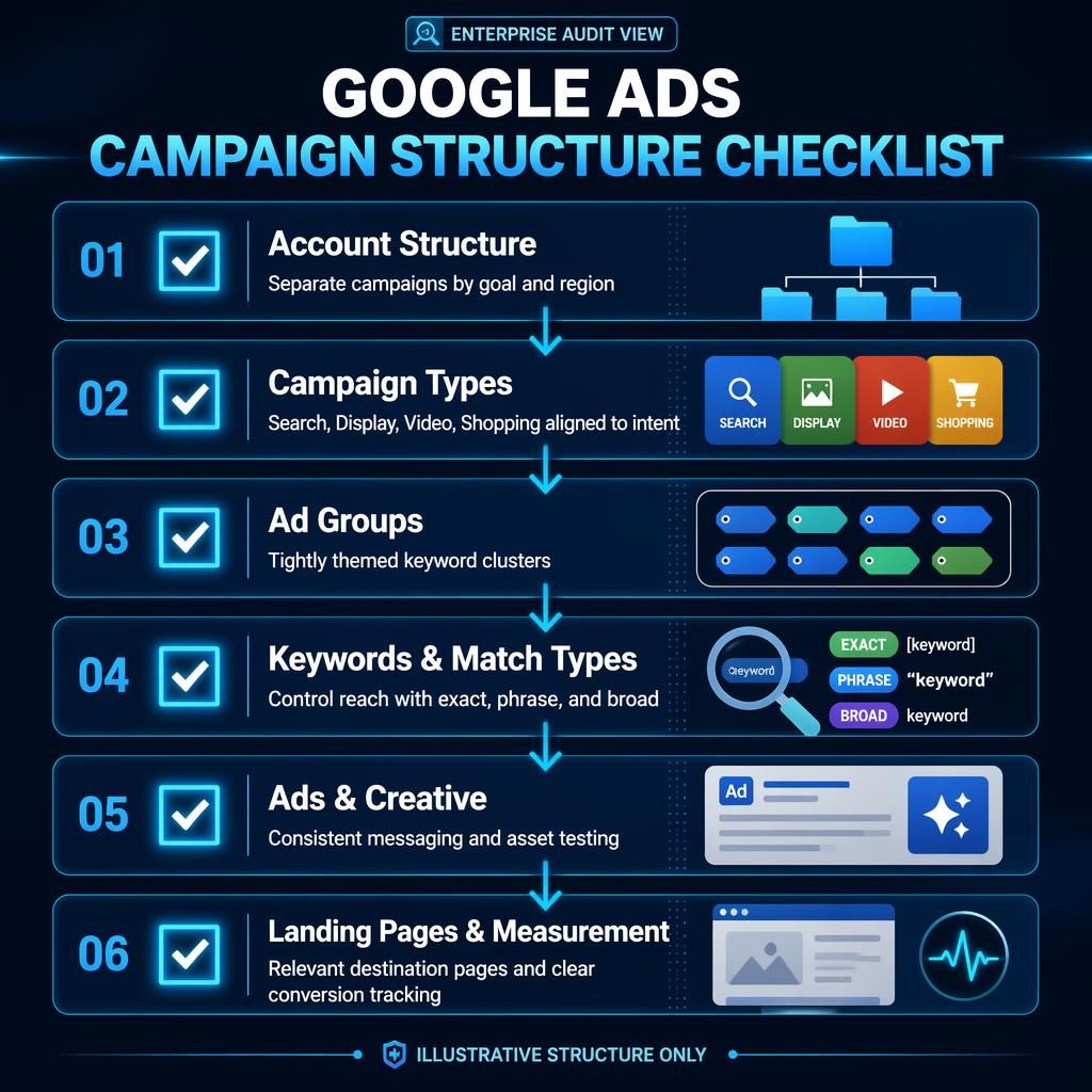 Vertical Google Ads campaign checklist infographic with 6 glowing audit blocks, cyan arrows, dark navy background, and white text.