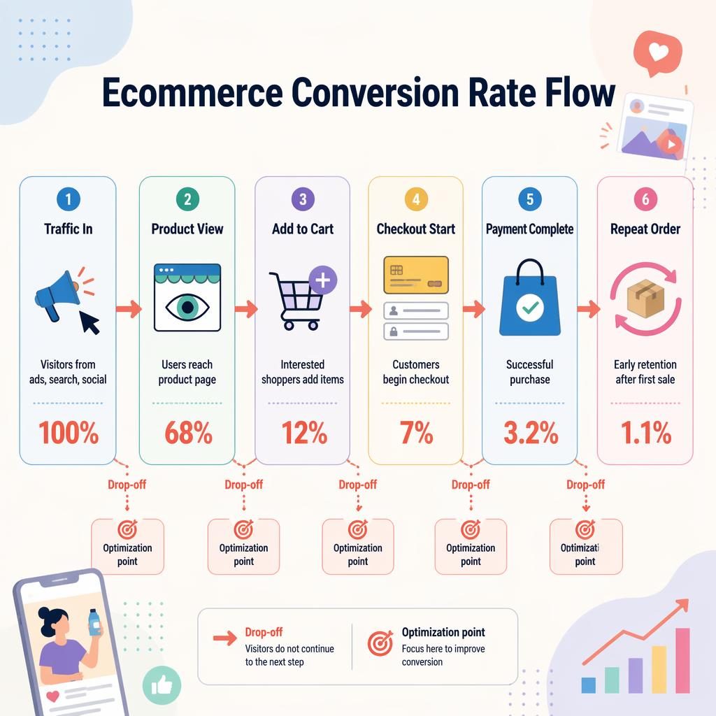 Horizontal influencer infographic with 6 pastel ecommerce conversion stages, arrows, icons, and sharp percentage metrics.