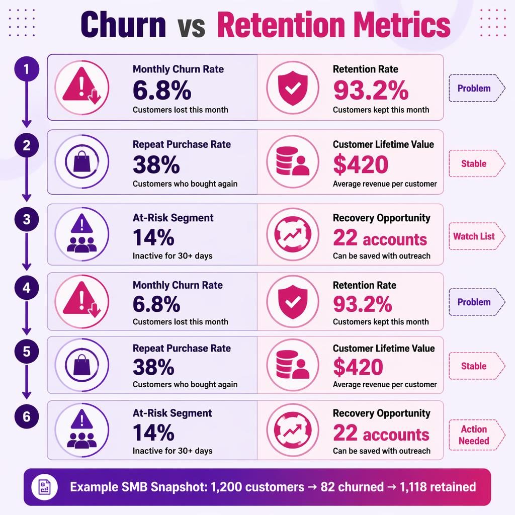 Vertical editorial infographic showing 6 churn and retention metric blocks with arrows, icons, callout tags, and summary ribbon.