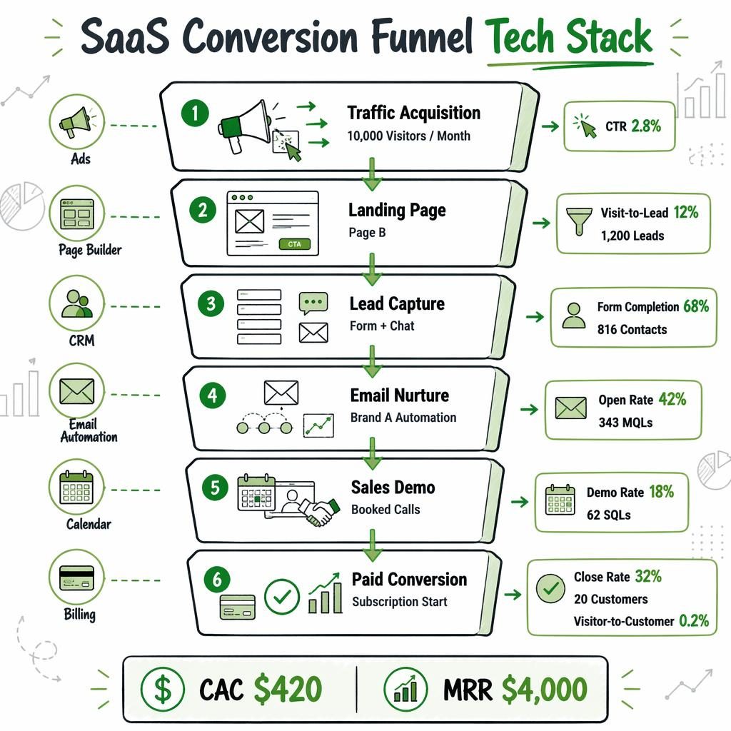 Whiteboard-style SaaS conversion funnel tech stack infographic with 6 labeled blocks, arrows, metrics, and mailchimp analytics dashboard vibe.